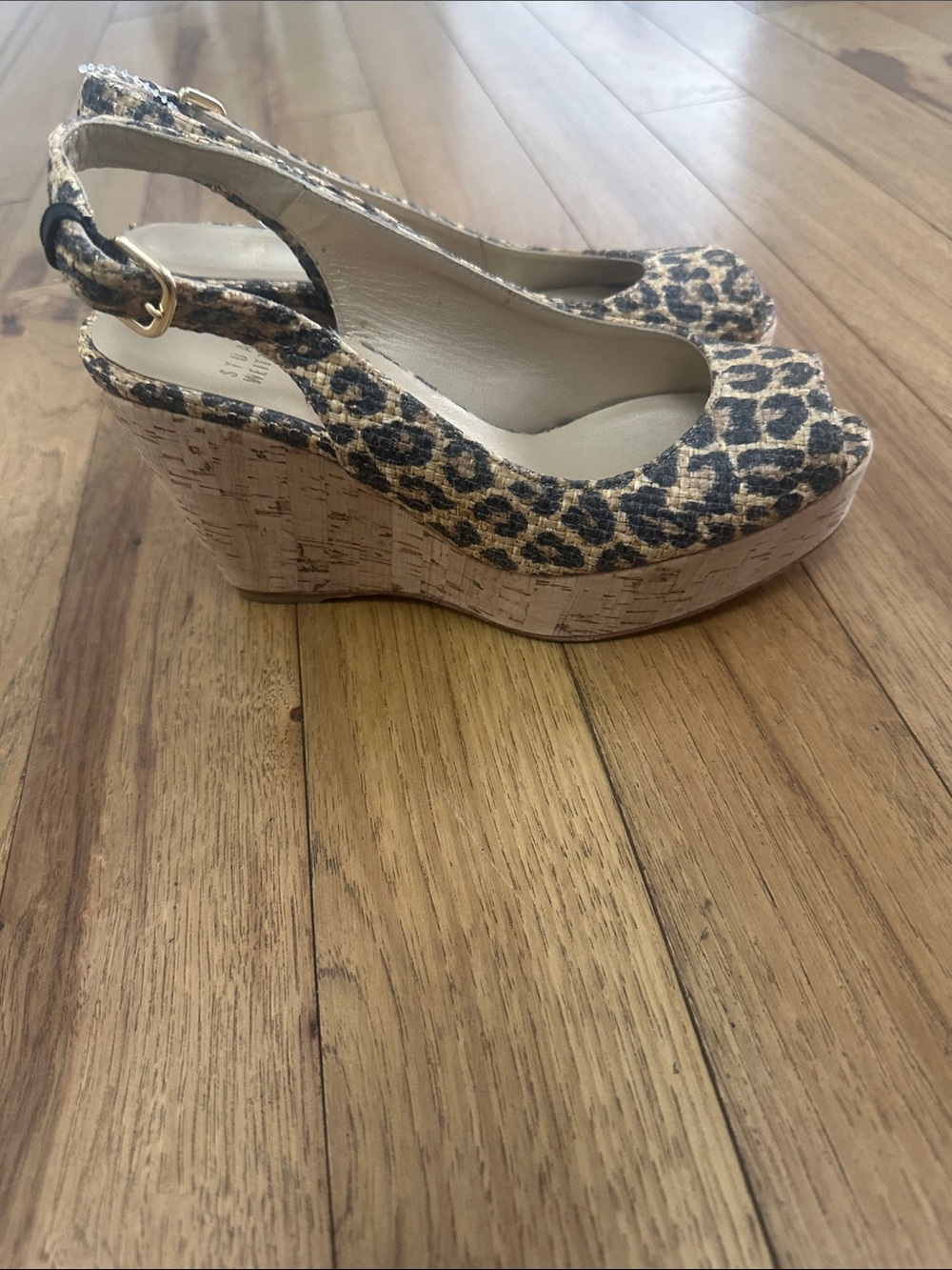 Stuart Weitzman Leopard print Slingback Wedges in Brown and Black cork sandals